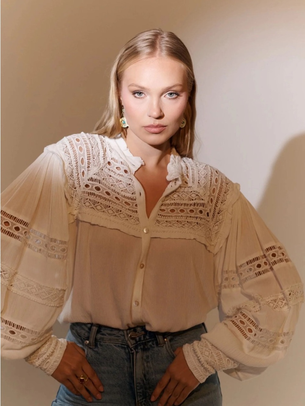 Ivory Lace Yoke Peasant Blouse